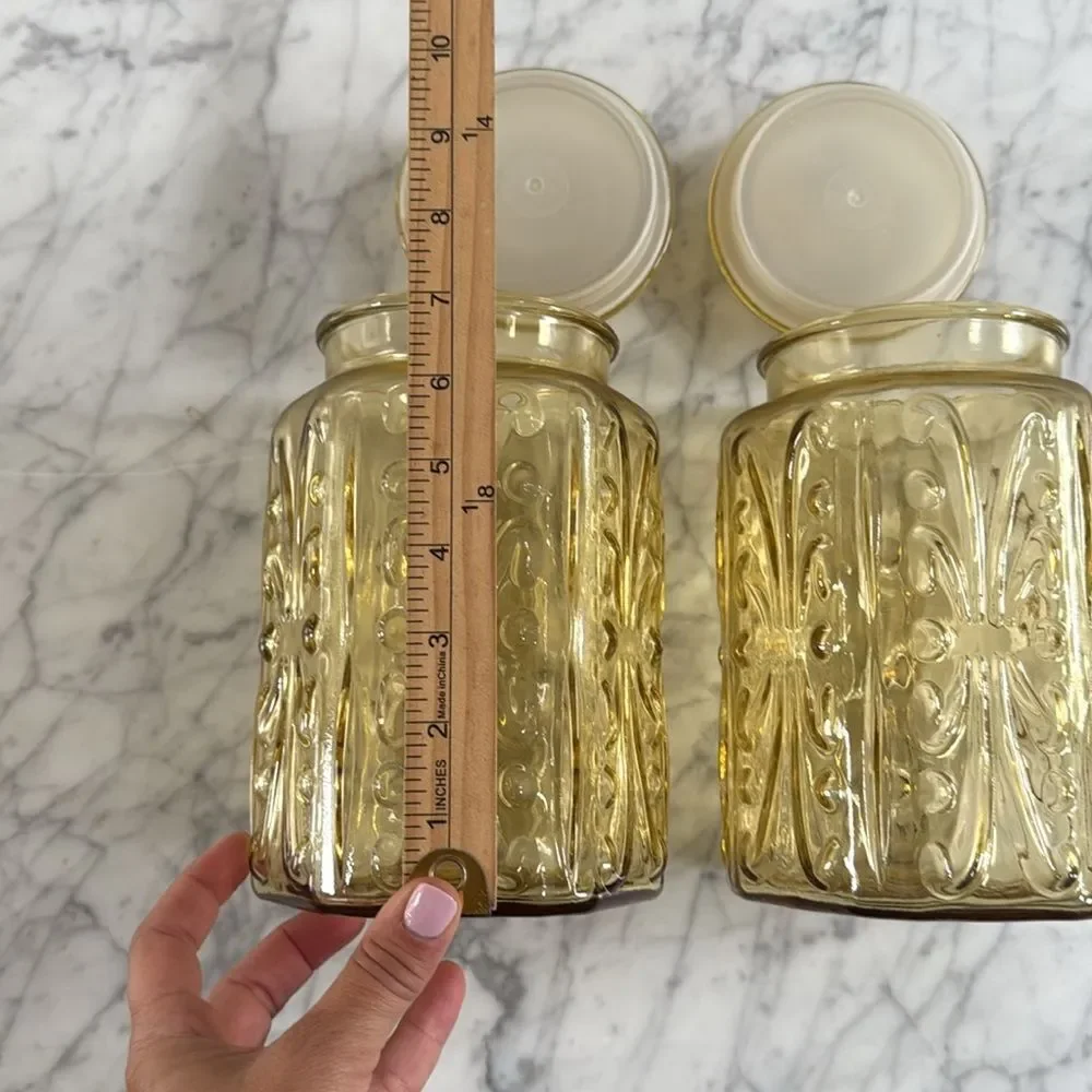 Vintage L.E. Smith Atterbury Scroll glass canister jar X2 apothecary